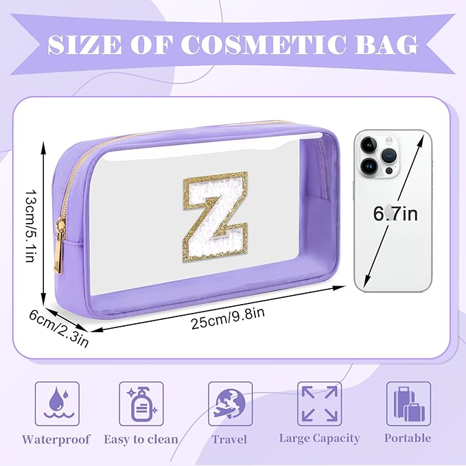 Personalized Initial Letter Clear Makeup Bag,Preppy Small Nylon&PVC Cosmetic Zipper Bag with Chenille Letter,Travel Skincare Toiletry Bag,Monogram Christmas Gift for Teen Girls Women,Z