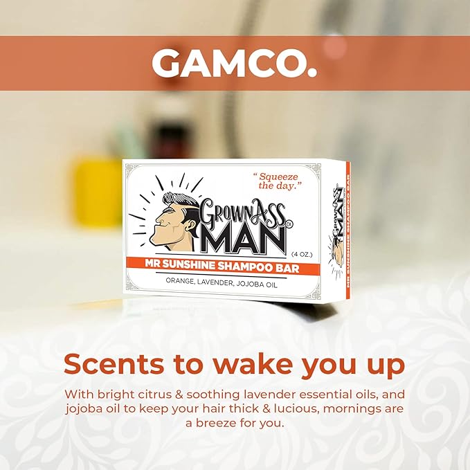 Grown Ass Man Co. - Solid Shampoo Bar Rich Lather 3 in 1: Hair, Beard & Body Wash - Plastic Free & Eco-Friendly, Natural & Organic Clean for All Hair Types, 4oz Bar (Mister Sunshine, 3-Pack)