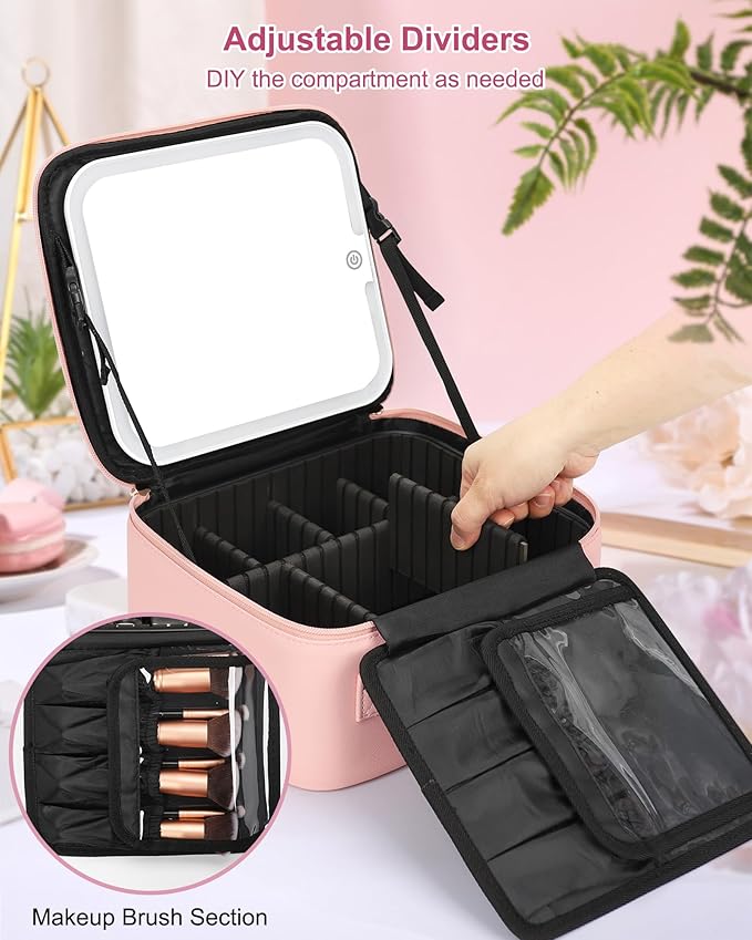 Relavel Initial Makeup Bag with LED Mirror for Women Girls, Personalized Travel Cosmetic Organizer Train Case, Birthday Gifts for Grandkids Bridesmaid Graduation Teacher Friends, Trendy Stuff, Pink R