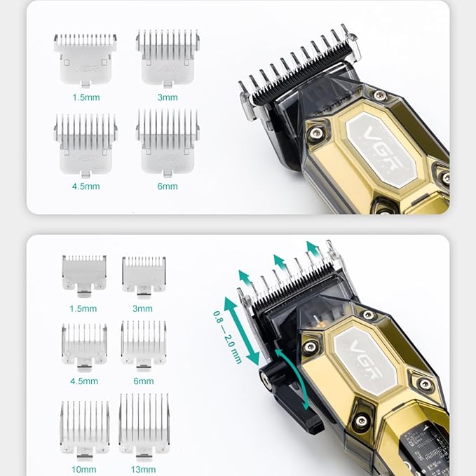 VGR Professional Hair Clippers for Men, Cordless Barber Clippers and Trimmers Set, Mens Hair Cutting Kit with 10 Guide Combs, USB Rechargeable Haircut Machine for Family, LED Display, Black