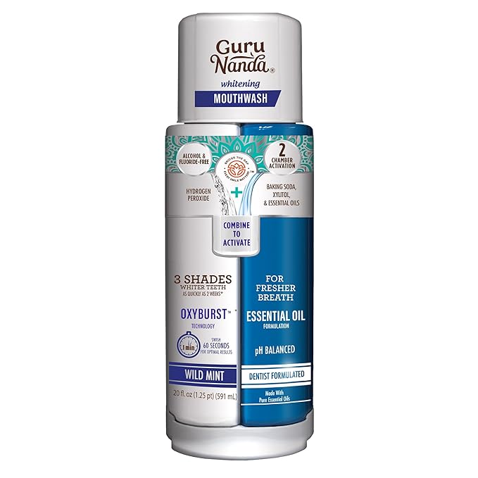 GuruNanda Teeth Whitening Dual Barrel Oxyburst Mouthwash - Alcohol & Fluoride Free, Hydrogen Peroxide to Promote Whiter Teeth - Wild Mint - 20 Fl Oz