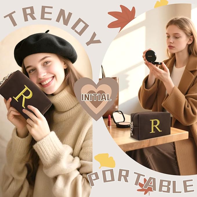 Personalized Initial Makeup Bag,Preppy Suede Cosmetic Bag for Teen Girls,Small Monogram Travel Toiletry Bag With Gold Embroidered Letter,Trendy Stuff Custom Christmas Gift for Women(Coffee-R)