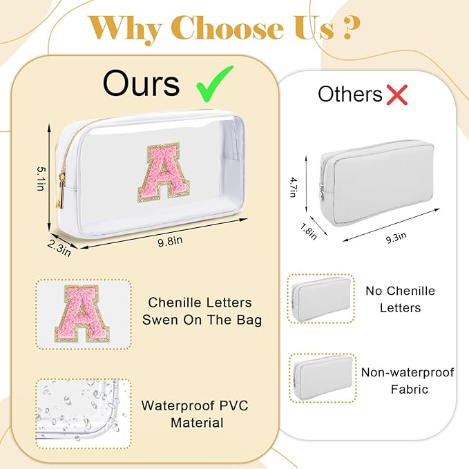 Personalized Initial Letter Clear Makeup Bag,Preppy Small Nylon&PVC Cosmetic Zipper Bag with Chenille Letter,Travel Skincare Toiletry Bag,Monogram Christmas Gift for Teen Girls Women,L