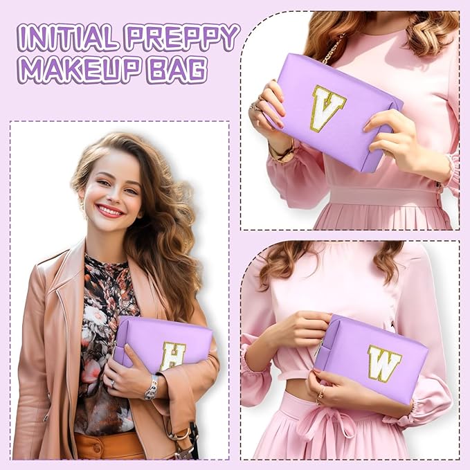 TOPEAST Personalized Makeup Bag, Chenille Letter Pouch Cosmetic Bag w Zipper, PU Leather Waterproof Toiletry Bag, Bridal Shower Gifts for Bridesmaids, Cute Stuff for Girls (Purple P)