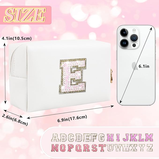 Personalized Initial Makeup Bag - Preppy Glitter Letter Patch Cosmetic Pouch With Zipper, PU Waterproof Travel Toiletry Organizer, Monogrammed Gift for Women Girls (Letter E)