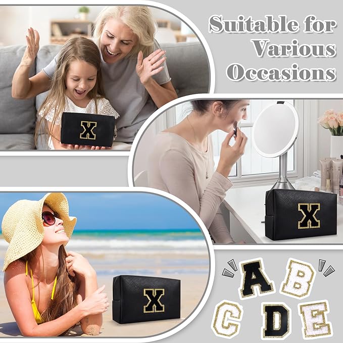 Personalized Initial A-Z Preppy Patch Makeup Bag,Small PU Chenille Letter Cosmetic Bag with Zipper for Teen Girls,Black Cute Toiletry Organizer Bag,Monogram Makeup Case Gift for Women Girls,Letter X