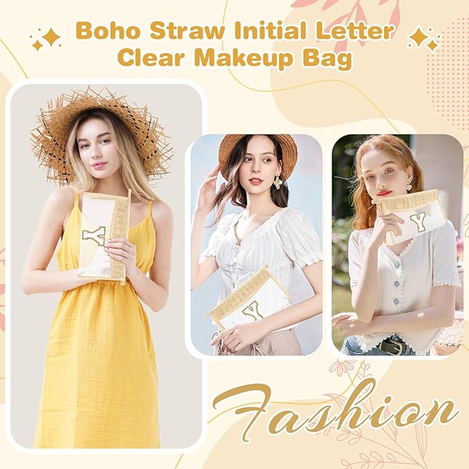 Personalized Initial Letter Bag Boho Straw Clear Makeup Bag,Small Cute Chenille Varsity Letter Bag With Zipper,Beach Travel Toiletry Bag,Portable Monogrammed Cosmetic Bag for Women Girls,Y