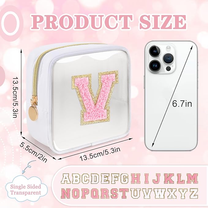 Mini Clear Personalized Initial Makeup Bag,Small Nylon Waterproof Zip Beach Cosmetic Pouch,Preppy A-Z Chenille Letter Patch Cute Coin Purse Travel Toiletry Bag Car Pack Bag for Women(White-Pink V)