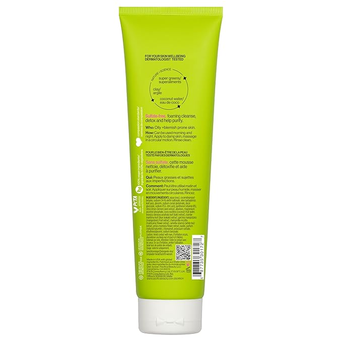 Pacifica Kale Detox Face Wash for Oily & Acne-Prone Skin, Deep Cleansing Facial Cleanser & Makeup Remover with Super Greens Kale, Seaweed & Clay, 5 fl oz –Clean Beauty, Vegan & Cruelty-Free