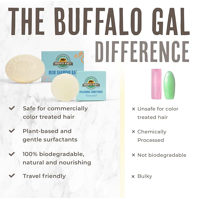 Grassfed Beauty - MSM Shampoo Bar + Hyaluronic Hair Conditioner Bar, Solid Bar Shampoo and Conditioner for Hair Growth, Non-Soap, For All Hair Types, Unscented, Set of 2