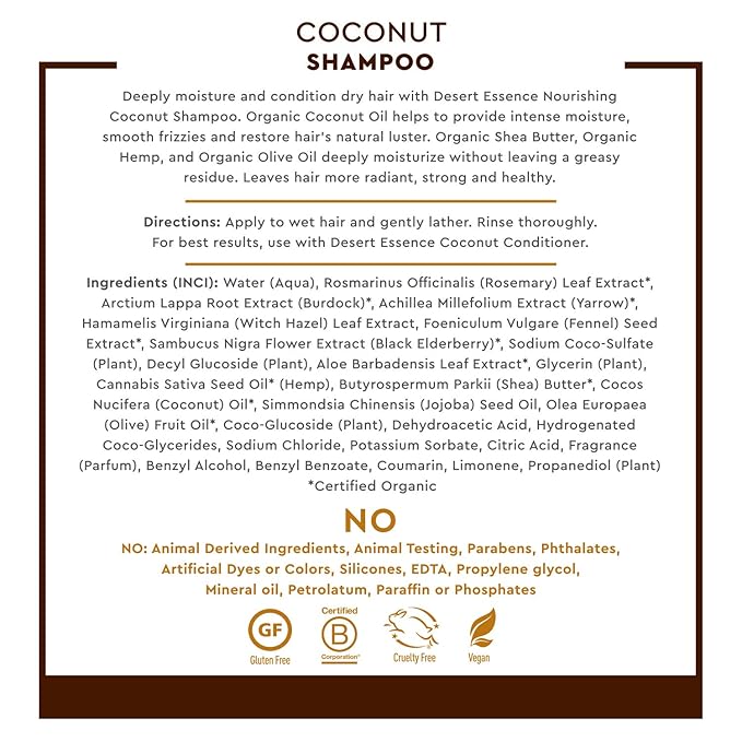 Desert Essence Coconut Shampoo, 8 fl oz - Gluten Free, Vegan, Paraben Free - Nourishing for Dry Hair with Coconut Oil, Shea Butter, & Hemp Oil - Mousturizes & Smooths Frizz 8 fl oz.