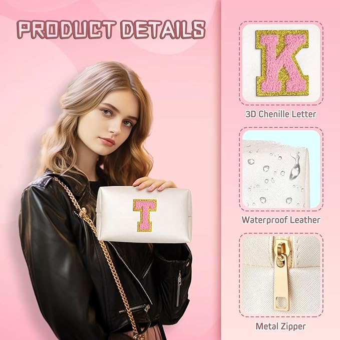 TOPEAST Initial Cosmetic Bag, PU Leather Waterproof Travel Toiletry Bag, Monogrammed Gifts for Women, Personalized Birthday Gift for Sister Friends, Cute Stuff for Girls (Pearly White K)
