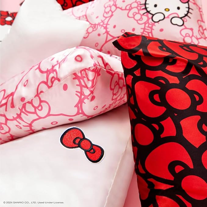 Kitsch x Hello Kitty (Solid Ivory Kitty Bow) - Satin Pillowcase with Zipper for Hair and Skin, Softer Than Silk, Smooth Cooling Pillow Covers, Machine Washable, King Size (19x36)