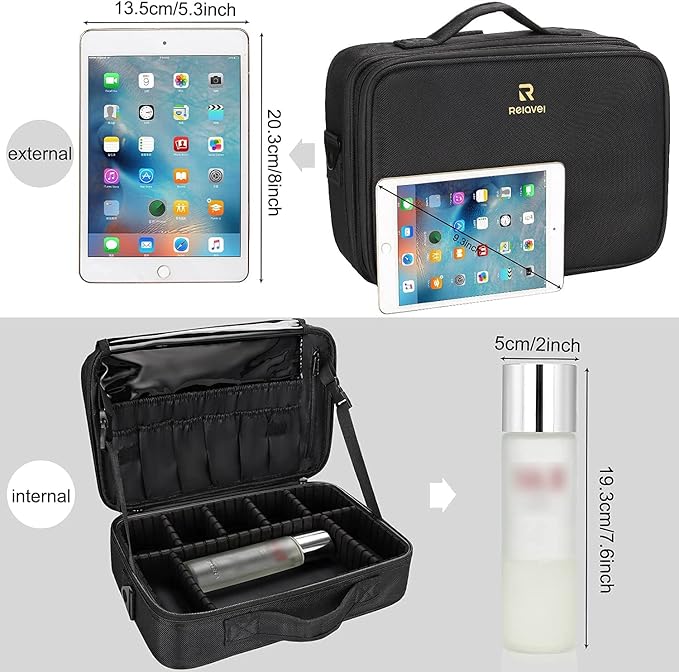 Relavel Makeup Bag Travel Makeup Train Case 13.8 inches Large Cosmetic Case Professional Portable Makeup Brush Holder Organizer and Storage with Adjustable Dividers and Shoulder Strap Black