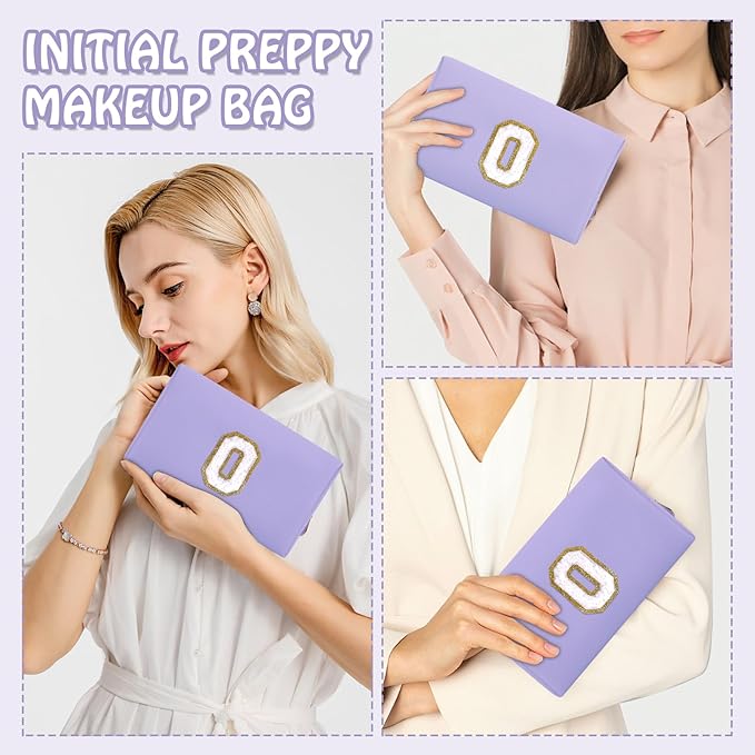 Small Initial Preppy Patch Makeup Bag, Personalized Purple Cute Cosmetic Zipper Pouch Toiletry Bags for Traveling, Waterproof Chenille Letter Make Up Storage Bags Travel Essentials for Women(Letter O)