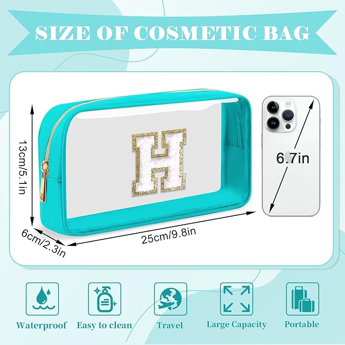 Personalized Initial Letter Clear Makeup Bag,Preppy Small Nylon&PVC Cosmetic Zipper Bag with Chenille Letter,Portable Beach Travel Skincare Toiletry Bag,Trendy Monogram Gift for Teen Girls Women,H