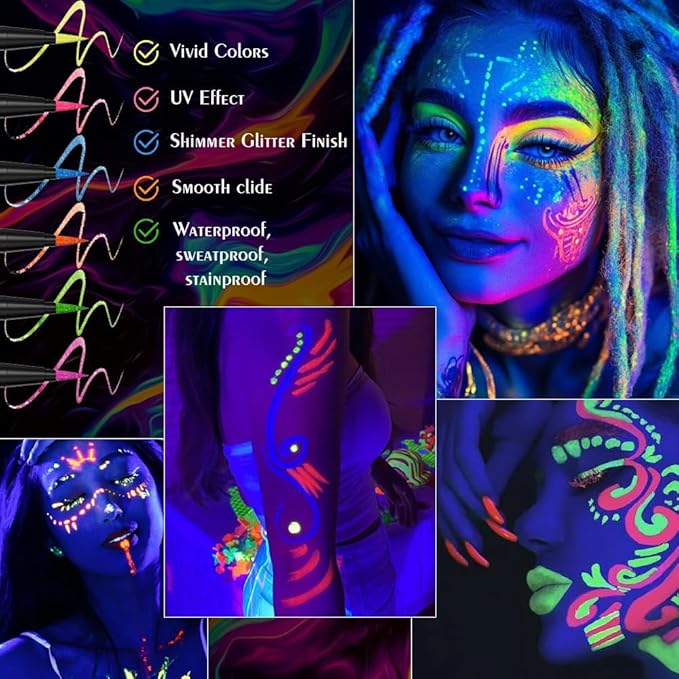 evpct Green Shimmer Eyeliner UV Neon Gel Eyeliner Pencil Makeup, Rainbow Halloween Colored Colorful Gel Eye Liner Pen Glow in Dark Makeup, Long Lasting Waterproof Eyeliners for Face Body Painting