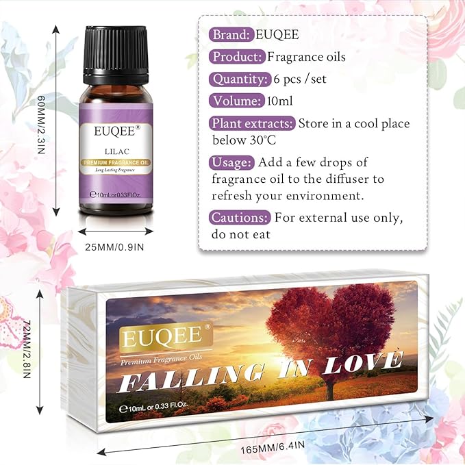 EUQEE Premium Floral Fragrance Oils Set 6PCS Fragrance Oils Set for Diffuser, DIY Candle - Honeysuckle, Lilac, Japanese Magnolia, Violet, Orange Blossom (10ml)