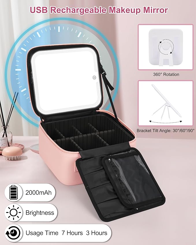 Relavel Initial Makeup Bag with LED Mirror for Women Girls, Personalized Travel Cosmetic Organizer Train Case, Birthday Gifts for Grandkids Bridesmaid Graduation Teacher Friends, Trendy Stuff, Pink Z