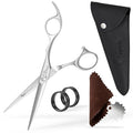 Professional Hair Scissors 5.5 Inch with Extremely Sharp Blades, 440C Steel Hair Cutting Scissors, Durable, Smooth Motion & Fine Cut, Barber Scissors with Elegant Sheath, Cleaning Leather & Key