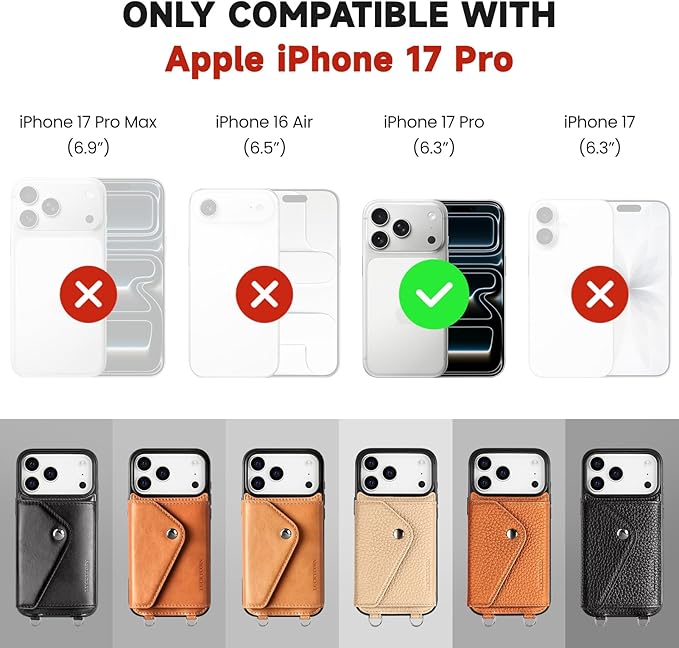 LUCKYCOIN Crossbody Wallet Phone Case for iPhone 17 Pro,100% Genuine Leather Wallet Phone Case with Expandable Flip Card Holder,Phone Purse for Women with Adjustable Removable Strap - Pebble Beige