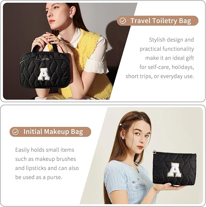 YOOLIFE Travel Toiletry Bag for Women - Hanging Toiletry Bag, Personalized Initial Toiletry Bags for Traveling Women, Portable Travel Toiletry Bag for Toiletries, Cosmetics Black - D