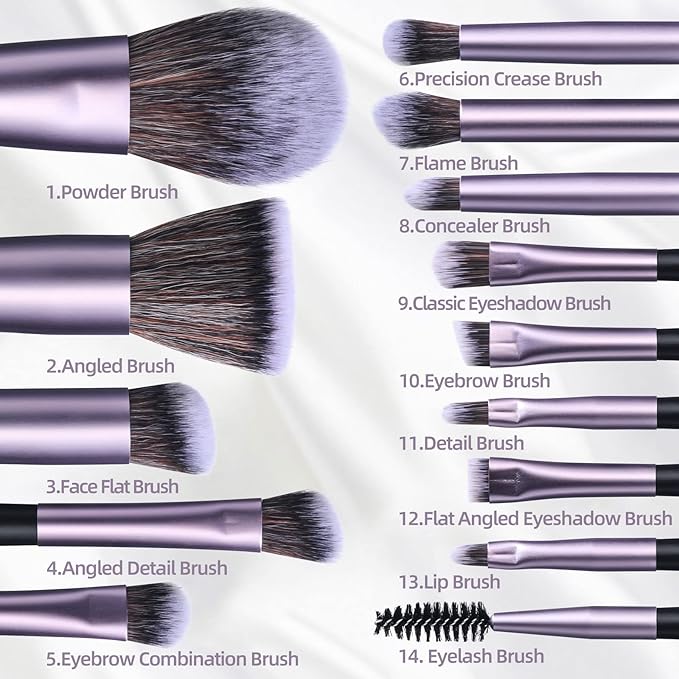 BS-MALL Travel Makeup Brush Set Foundation Powder Concealers Eye Shadows Makeup Set with LED light Mirror 14 Pcs (Purple)…