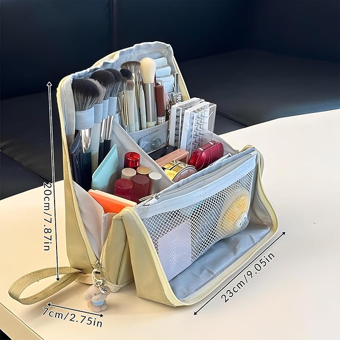 Makeup Bag,Standing Makeup Bag – Portable,Large Capacity Multi-purpose Large Capacity Oxford Cloth Standing Makeupbag Portable, Aterproof,Compartments and Handle (Grey)
