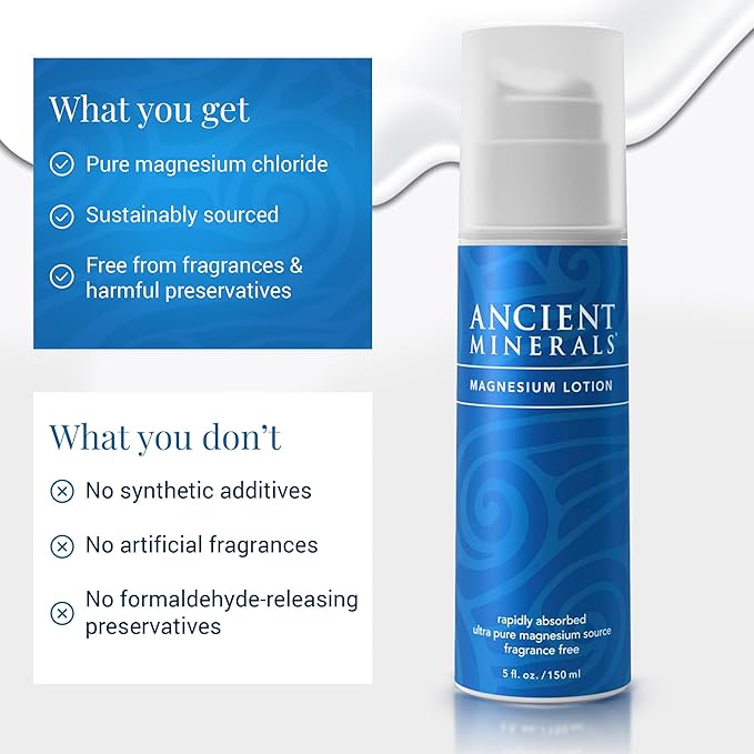 Ancient Minerals Magnesium Lotion – Zechstein Magnesium Chloride Cream with Shea Butter, Organic Oils & Hyaluronic Acid for Skin Hydration, Non-Greasy Body Lotion, 5oz