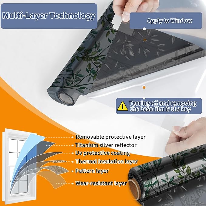 One Way Privacy Film, Window Tint for Home,Daytime Reflective, Anti UV Static Cling Sliding Door Coverings No Glue Garage Solar Paper (Black - Silver-Leaves, 23.6 x 157.4 in)
