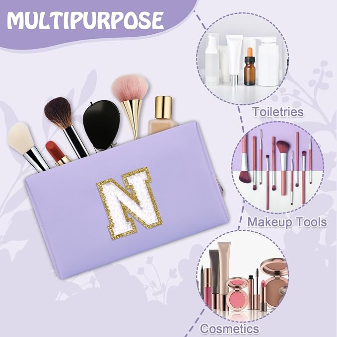 Chenille Letter Personalized Initial Preppy Makeup Bag, Small Cute Purple Cosmetic Zipper Pouch Travel Toiletry Bags, Waterproof PU Monogram Make Up Organizer Gifts for Nurse Nieces Teacher(Letter N)