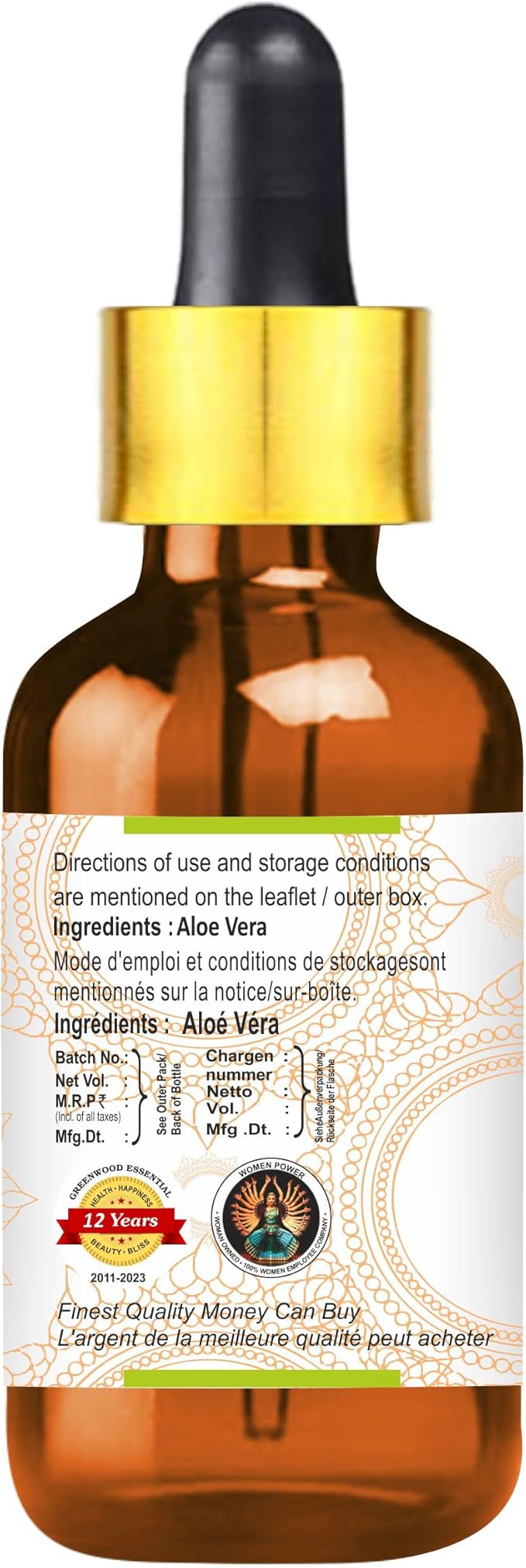 Greenwood Essential Pure Aloe Vera Oil (Aloe barbadensis) with Glass Dropper Premium Therapeutic Grade for Hair, Skin & Aromatherapy (Pack of Three) 100ml X 3 (10.1oz)