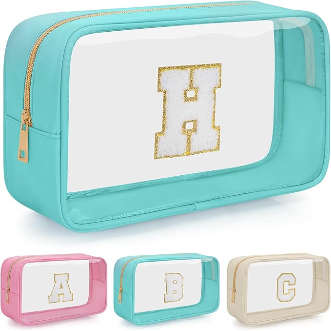 Personalized Initial Clear Makeup Bag, Travel Chenille Patch Cosmetic Bag, Preppy Toiletry Bag Monogram Cosmetic Pouch with Zipper, Ideal Gift for Teen Girls Women (Clear-Green, H)