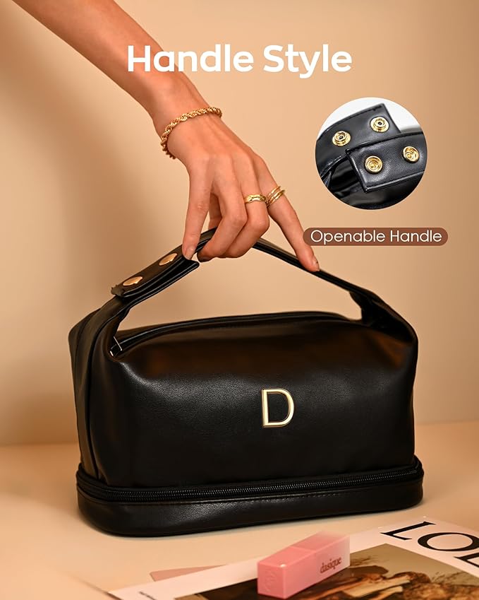 Gifts for Girl, Personalized Makeup Bag with Handle, Initial Double Layer Cosmetic Bag with Makeup Brush Organizer, PU Leather Travel Toiletry Bag, Gifts for Friends Female Mom