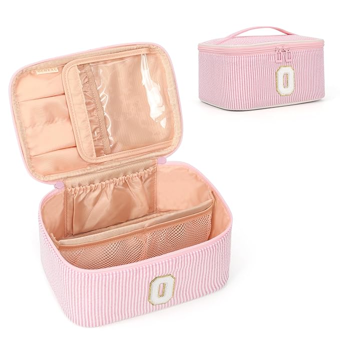OCHEAL Makeup Bag for Women, Monogram Cosmetic Bag with Brush Holder, Pink Travel Makeup Case Beauty Toiletry Bag Organizer Personalized Gifts for Girls Bridesmaid, Sister, Wife, Friends Initial O