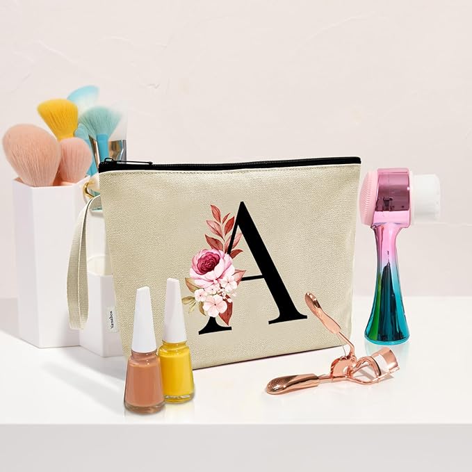 Vavabox A-Z Personalized Makeup Bag, Birthday Gifts for Women Mom, Gifts for Best Friend, Bride Bridesmaid Cosmetic bag (W, Yellow)