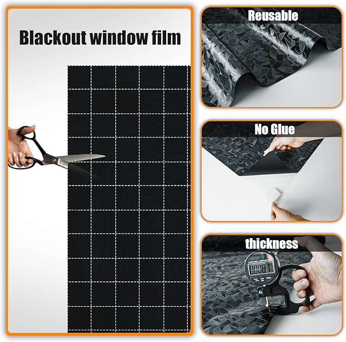 QHY Sunshine Total Blackout Window Film Privacy， Frosted Glass Window Film，Black Window Tint， No Glue， Detachable, no Marks, Suitable for Repeated use (Black Rainbow, 35.4 in X 157.4 in)