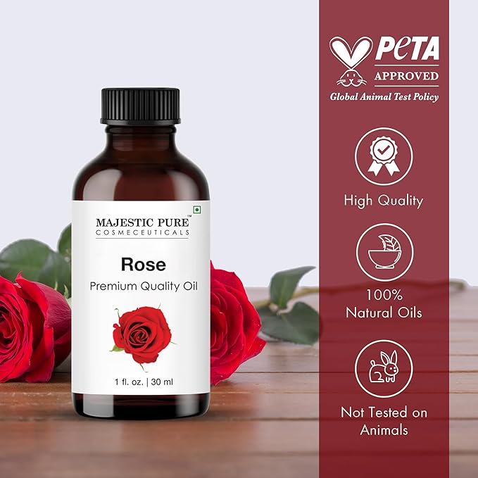 Majestic Pure Rose Essential Oil with Glass Dropper - 1 Fl Oz - 100% Pure and Natural Rose Oil - Premium Grade Essential Oils for Diffuser, Aromatherapy, Soap and Candle Making