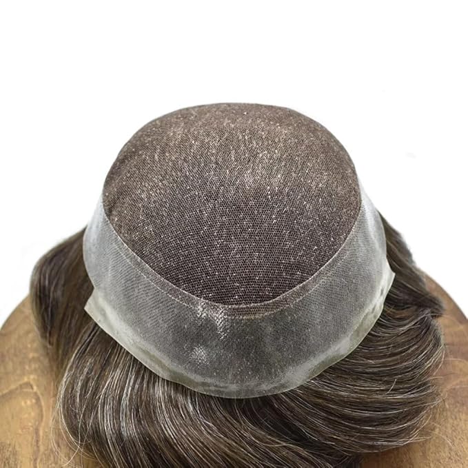 FACE MIRACLE Toupee for Men French Lace Hairpiece Human Hair Replacement System Skin PU Mens Toupee Hair Wigs for Man V-Looped Front Hair Prosthesis 7"X9" #340 Dark Brown with 40% Gray
