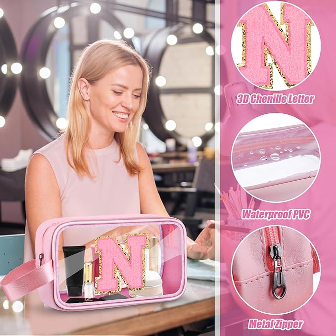 Initial Makeup Bag,Letter N Cute Clear Monogrammed Cosmetic Travel Bag for Womens Girls,Personalized Pink Aesthetic Traveling Make Up Organizer Bag for Beach,Waterproof Toiletry Bag