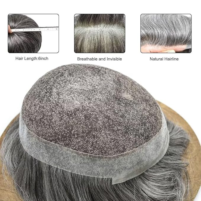 FACE MIRACLE Mens Toupee Lace Front Hairpieces Soft Human Hair Replacement System Natural Hairline Toupee for Men French Lace Poly V-Looped Mens hair Units 6"X8" #1B60 Off Black with 60% Gray