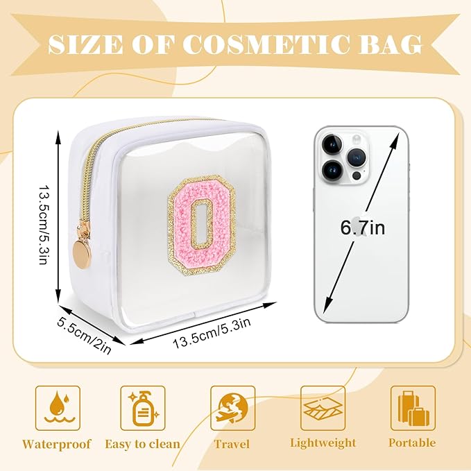 Personalized Initial Letter Clear Preppy Makeup Bag,Mini Nylon Chenille Letter Cosmetic Bag Cute Zipper Pouch Purse for Teen Girls,Portable TSA Approved Beach Travel Essentials Bag Gift for Women,O