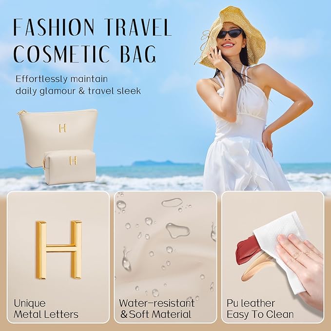Women Gifts | Initial Makeup Bag Set for Girl Personalized Gifts for Bridesmaid Friend Graduation Teachers PU Leather Cosmetic Travel Toiletry Bag(Beige,H)