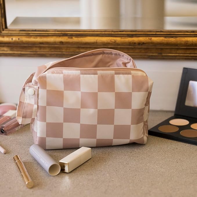 Tiny Twinkle Waterproof Travel Toiletry & Makeup Bag Organizer | Large Capacity Cosmetic Case with Compartments & Handle, A Thoughtful Travel Companion for Women（Beige Checkers