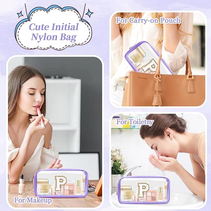 Small Clear Personalized Initial Makeup Bag,Preppy Nylon A-Z Chenille Letter Patch Makeup Organizer TSA Approved Travel Toiletry Bag,Waterproof Zip Beach Cosmetic Pouch Purse for Women(Purple-White P)
