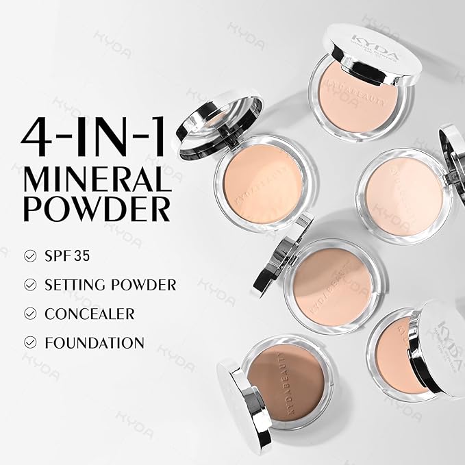 KYDA Mineral Powder, SPF 35, 4-in-1 Mineral Pressed Powder Foundation with Concealer and Setting, Matte Weightless Pressed Foundation, Light to Medium Coverage, FAIR IVORY
