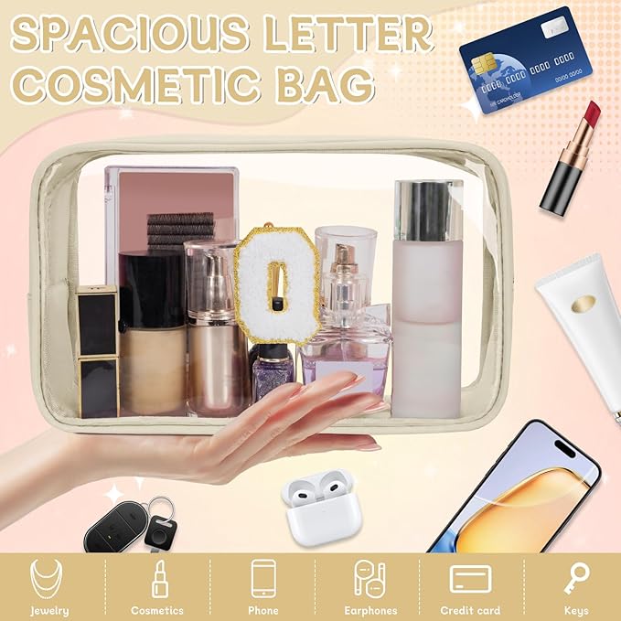 Personalized Initial Clear Makeup Bag, Travel Chenille Patch Cosmetic Bag, Preppy Toiletry Bag Monogram Cosmetic Pouch with Zipper, Ideal Gift for Teen Girls Women (Clear-Beige, Q)