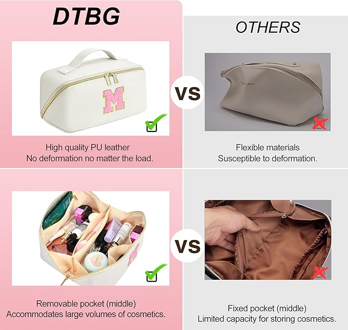 for Christmas Day Gifts, Makeup Bag for Women, PU Leather Travel Toiletry Bags, Initial Make Up Cosmetic Pouch for Teen Girls, Wide Open Portable Skincare Bag, Personalized Birthday Gifts, White R