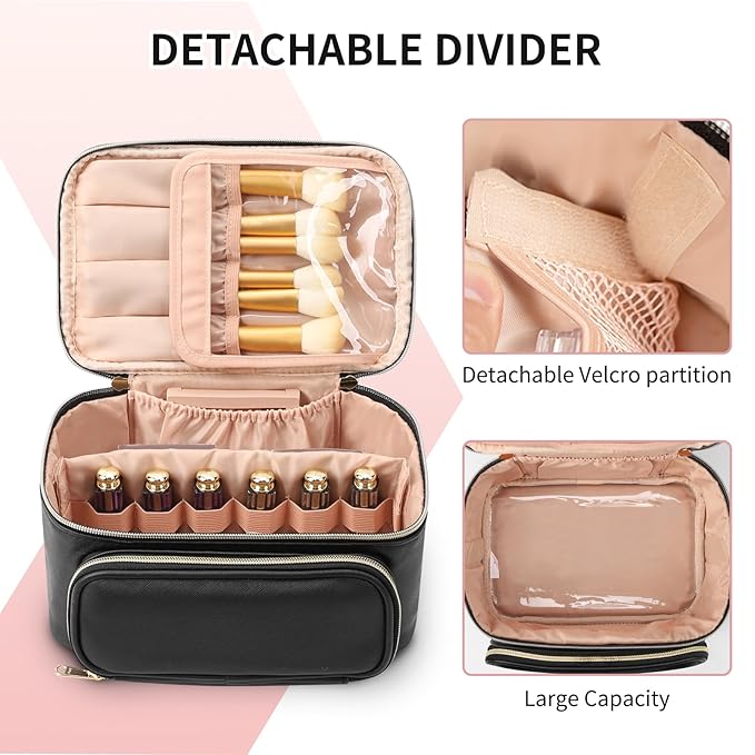 OCHEAL Makeup Bag, Multifunctional Make Up Bags with Zipper Pouch Large Compact Makeup Bag Organizer for Women Girls Cosmetics Toiletry Brushes Storage Makeup Case with Handle Divider-Black