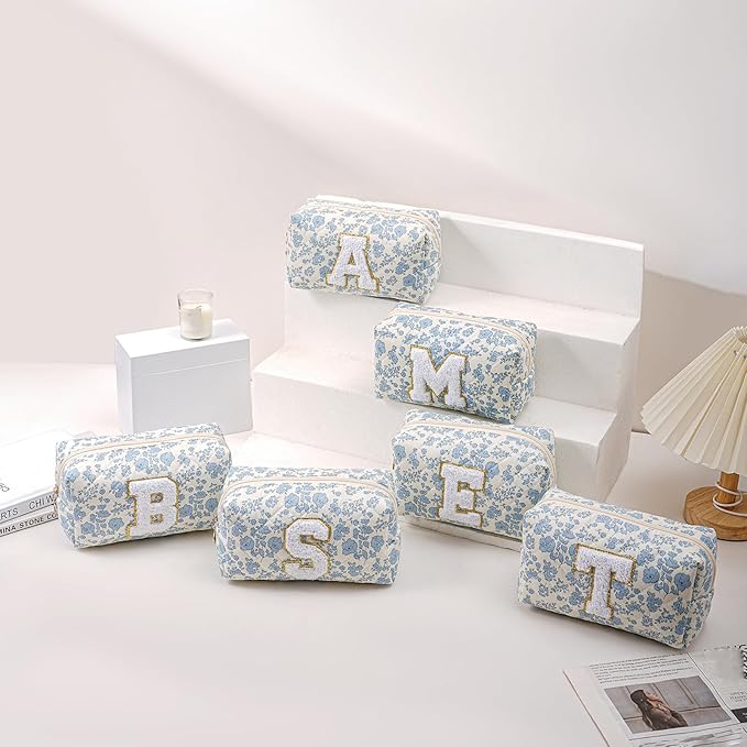 JOVAKIT Alphabet Makeup Bag Cosmetic Bag for Women, Christmas Gifts for Girls Age 6-18, Floral Flowers Coquette Travel Toiletry Zipper Make Up Pouch Organizer Trendy Stuff (2Pcs Blue Floral H)